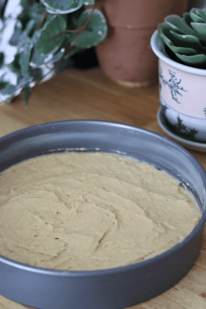 Sourdough Blueberry Buckle batter in a cake pan