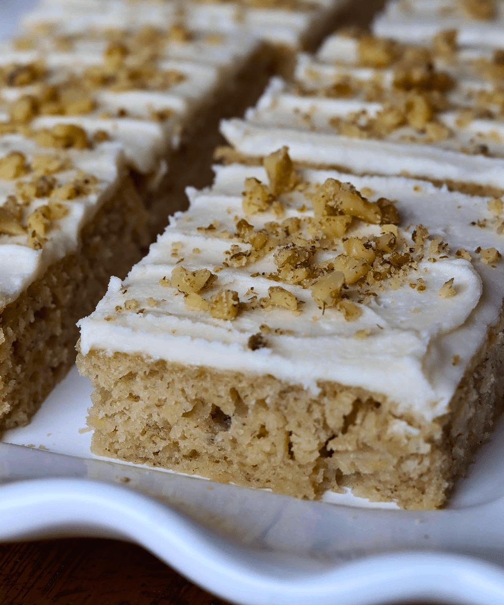Sourdough banana bars with vanilla glaze and walnut topping