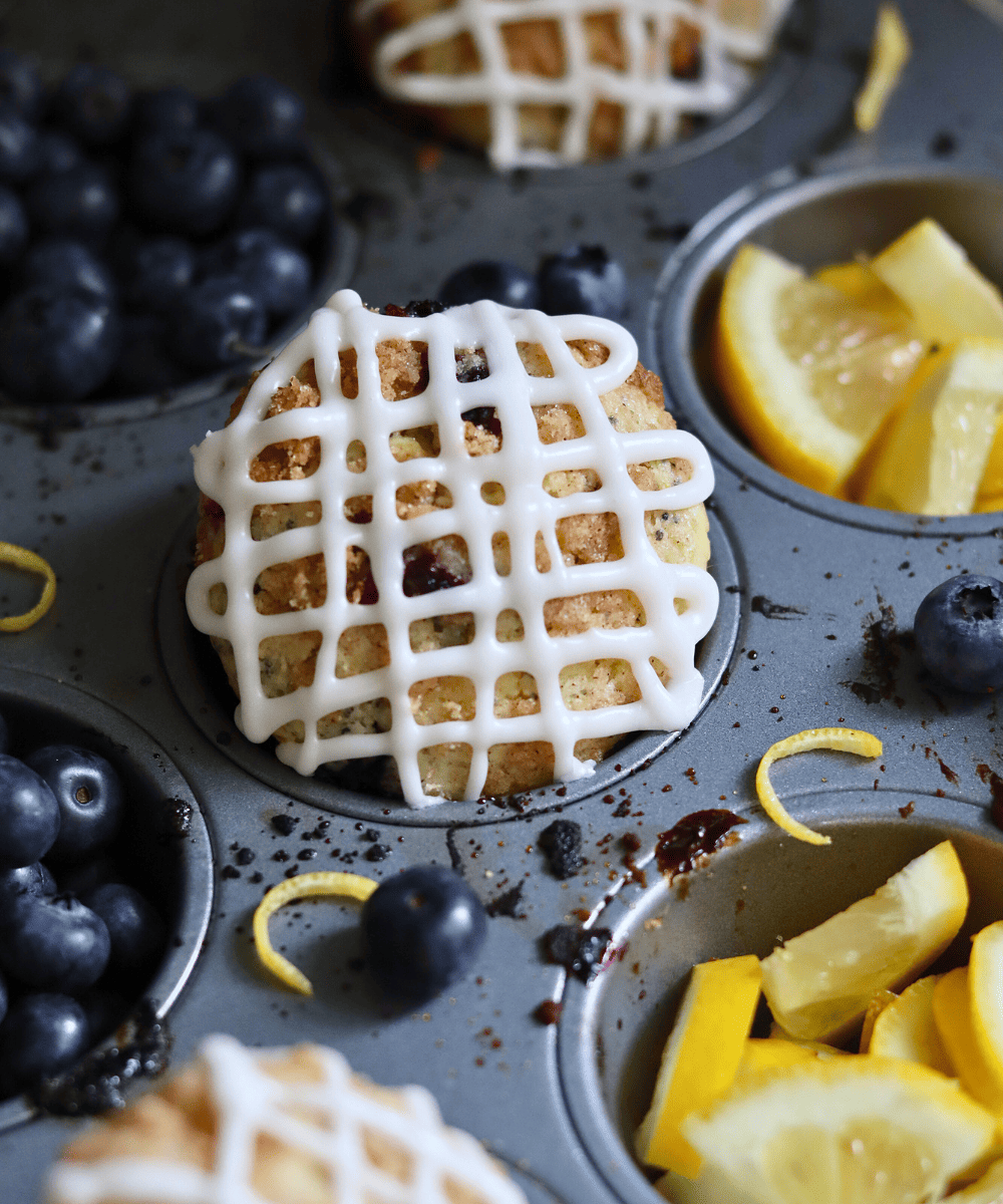 Blueberry Lemon Poppy Seed Sourdough Muffin with lemon glaze