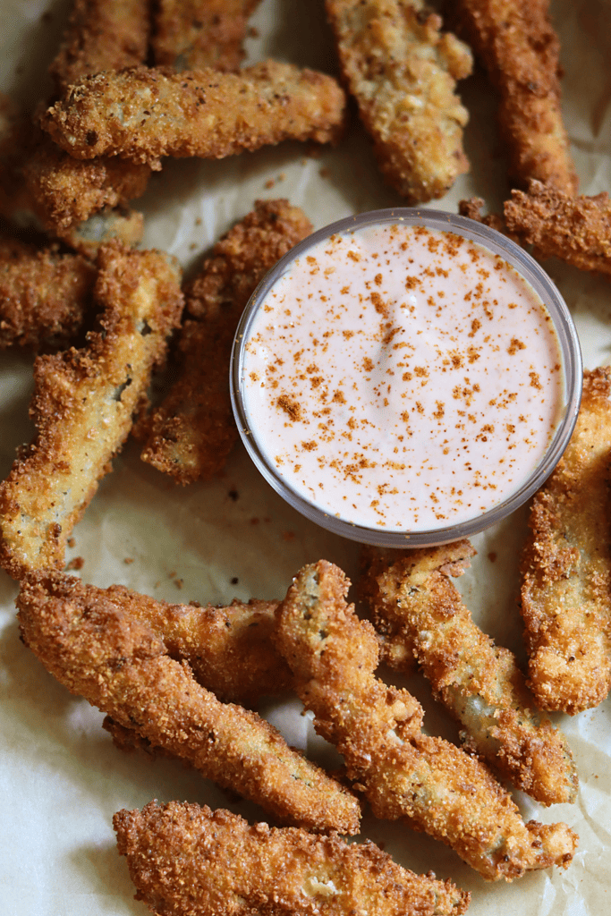 Sourdough Fried Pickles with a dipping sauce