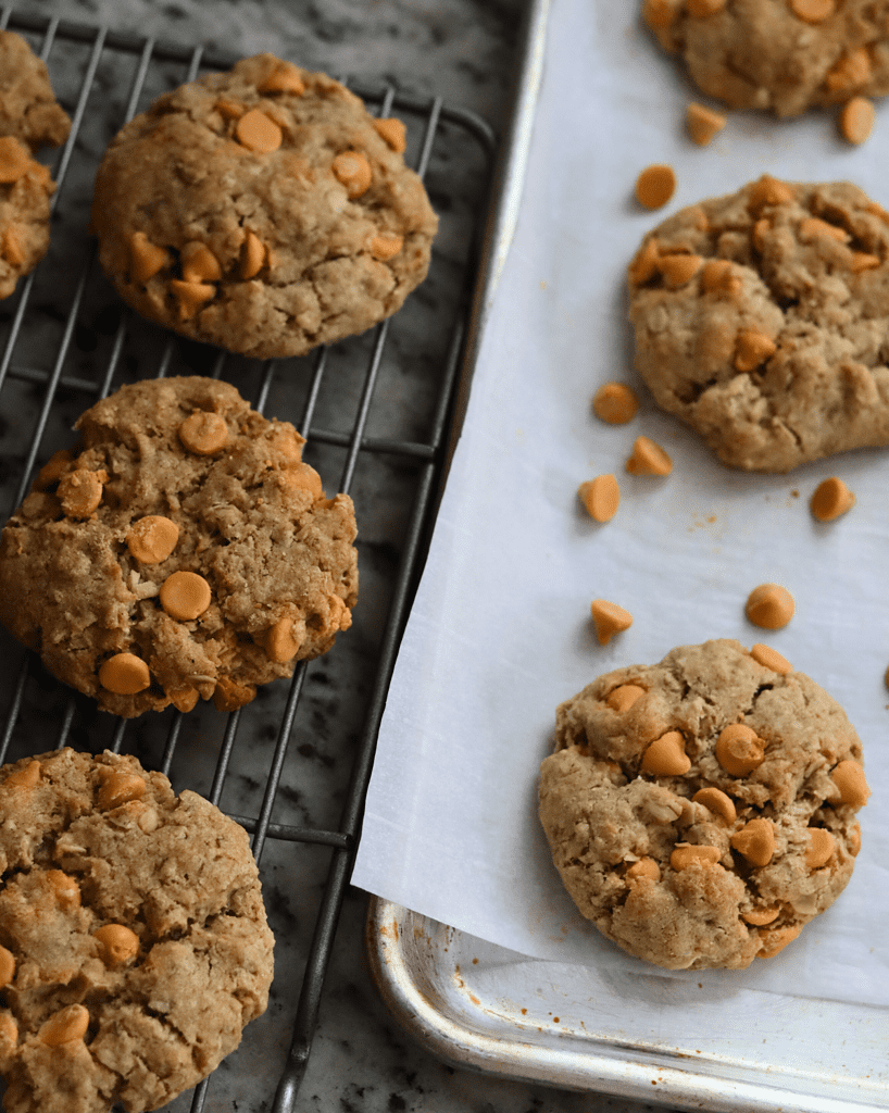 Sourdough Oatmeal Butterscotch Cookies on a wire rack and cookie sheet