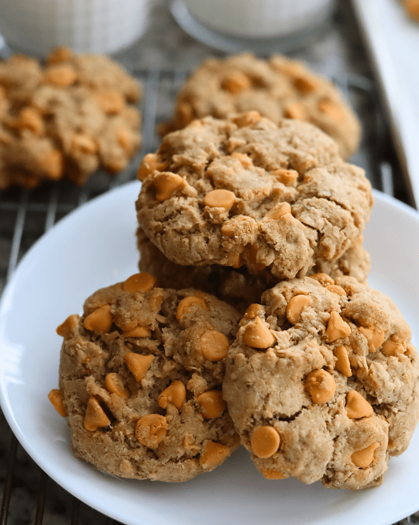 Sourdough Oatmeal Butterscotch Cookies stacked on a plate
