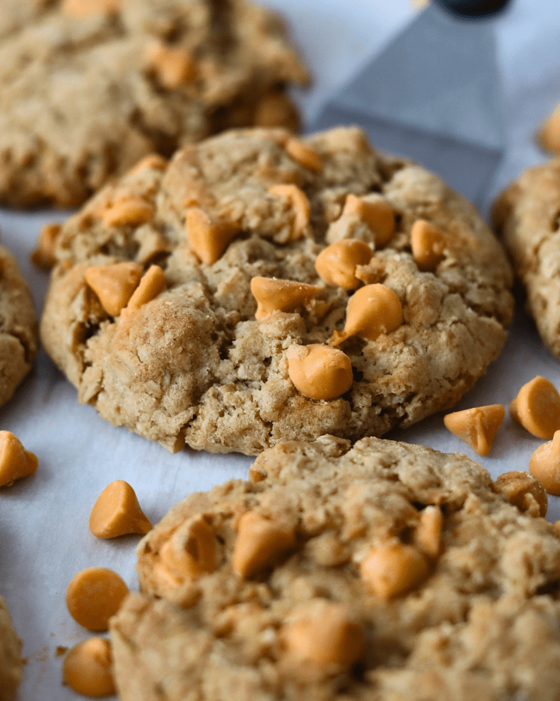 Sourdough Oatmeal Butterscotch cookie on a cookie sheet
