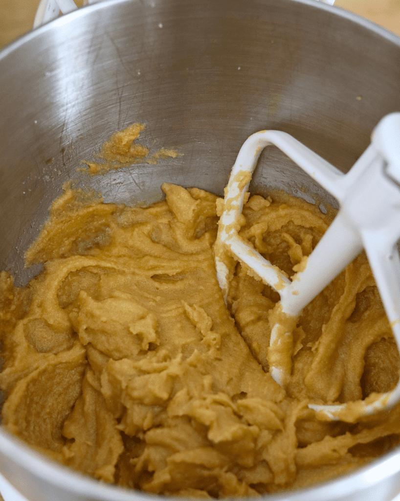 browned butter, egg yolks, and sugar in a stand mixer