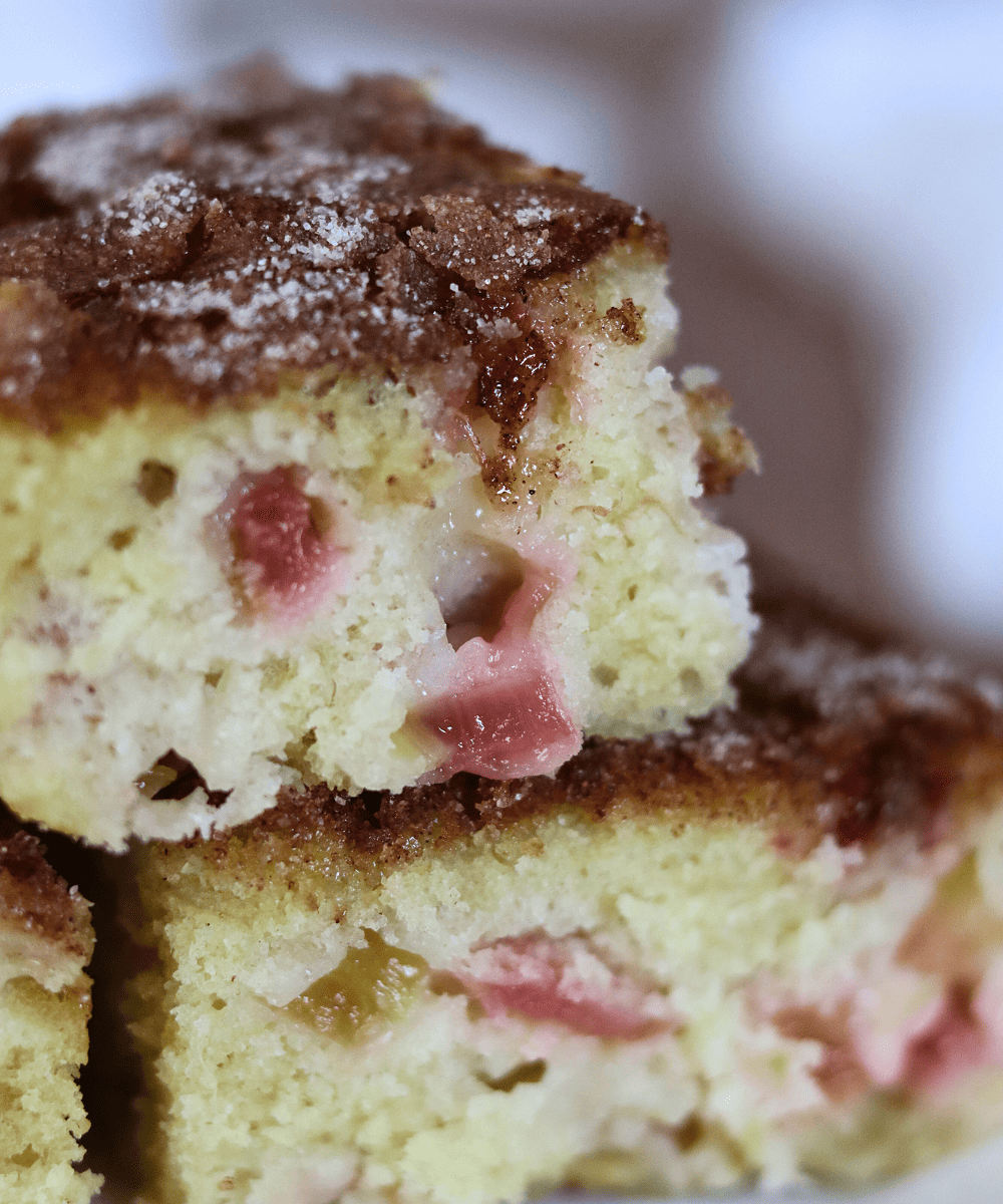 pieces of sourdough rhubarb cake stacked