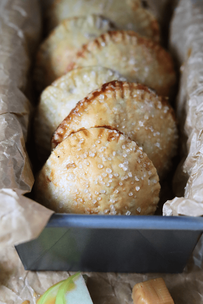 Salted Caramel Apple Sourdough Hand Pies in a loaf pan