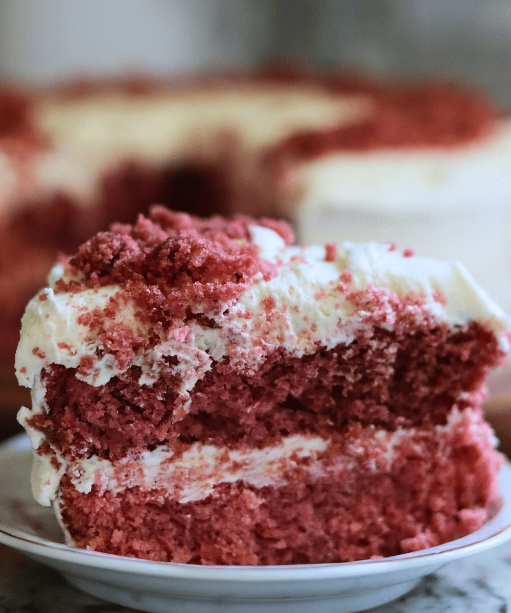 A slice of sourdough red velvet cake