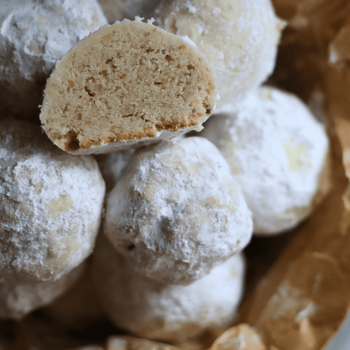 sourdough snowball cookie cut in half