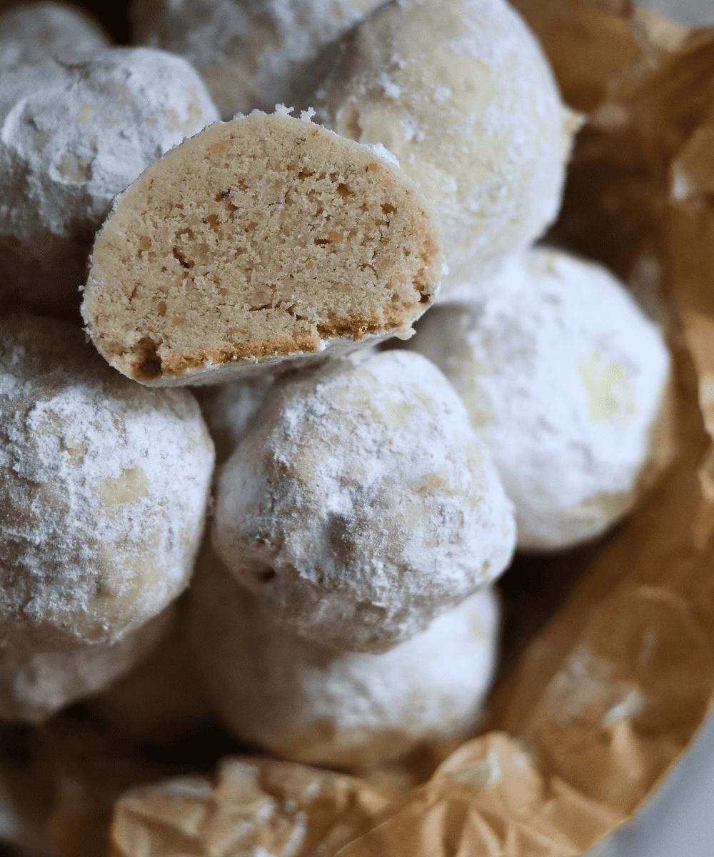 sourdough snowball cookie cut in half