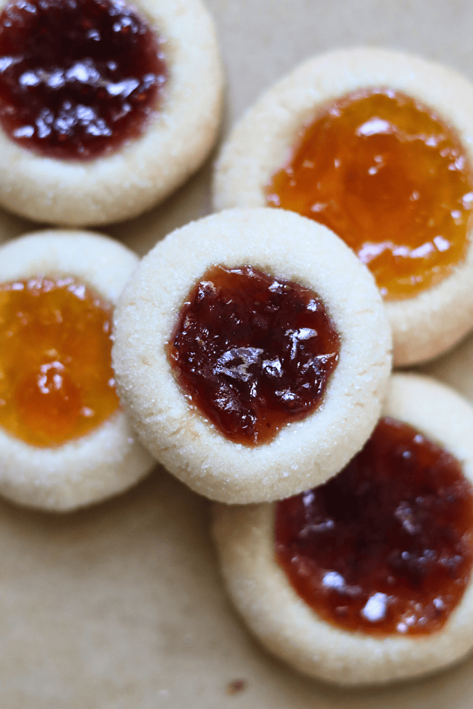 Sourdough Thumbprint cookies on a cookie sheet