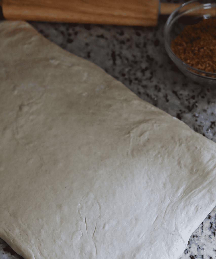 Apple Cider Sourdough Cinnamon Rolls dough in a large rectangle