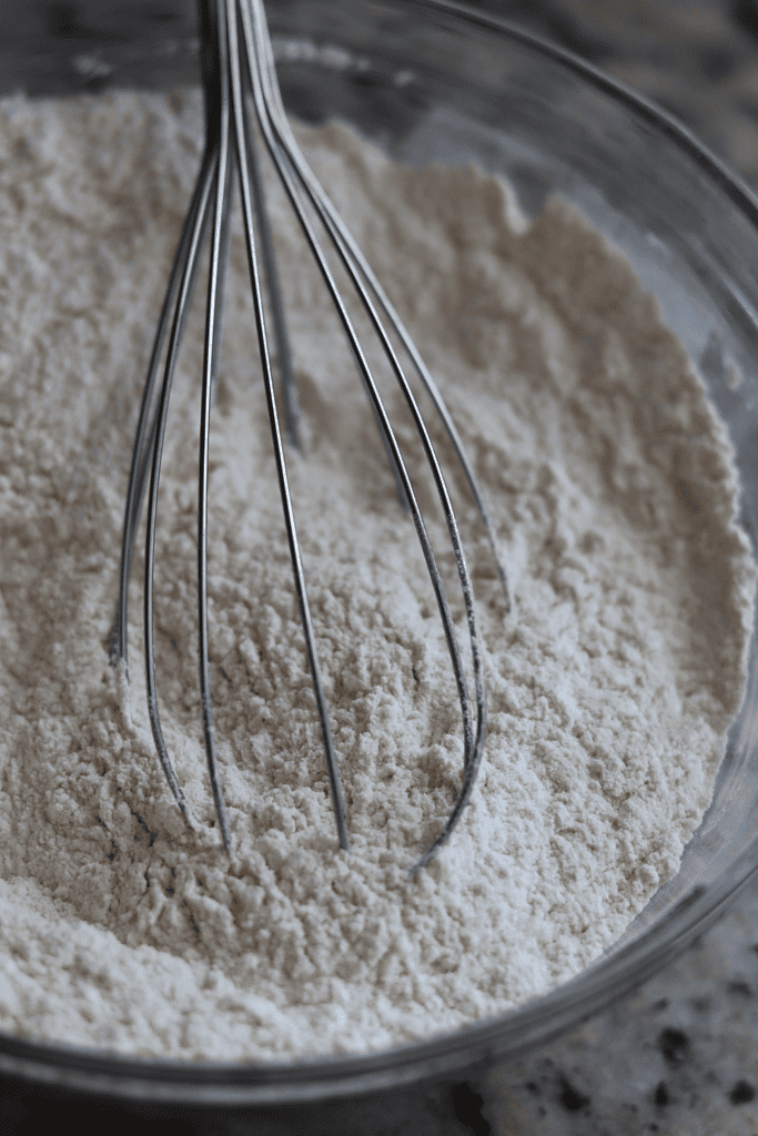 dry ingredients in a glass bowl with a whisk