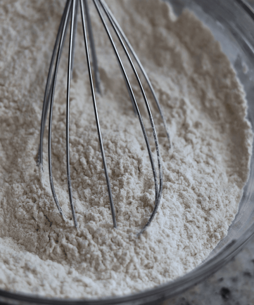 dry ingredients in a glass bowl with a whisk