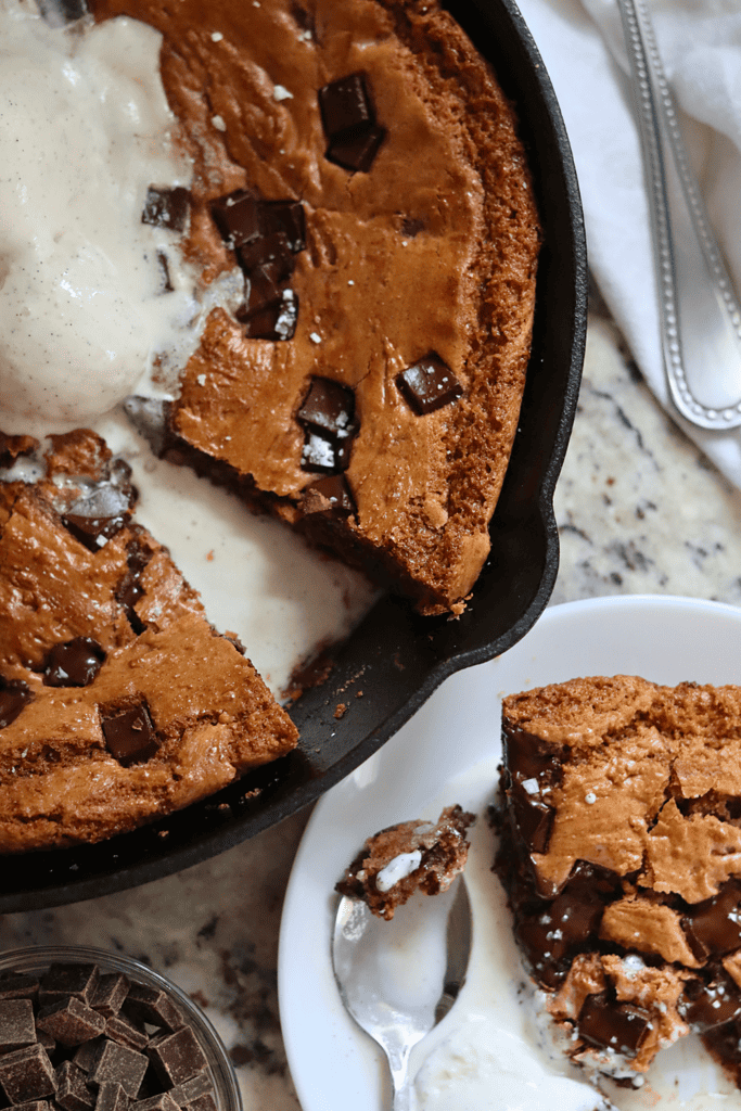 piece of sourdough chocolate chip skillet cookie on a plate