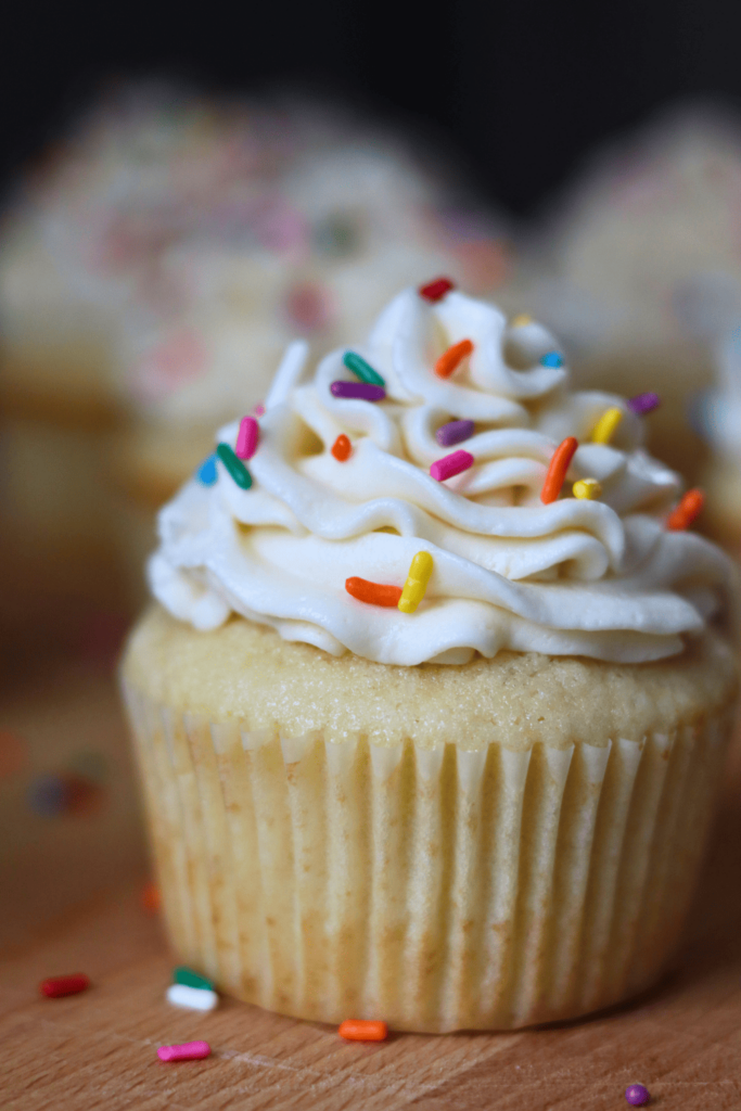 Sourdough Vanilla Cupcake with Vanilla buttercream frosting and sprinkles