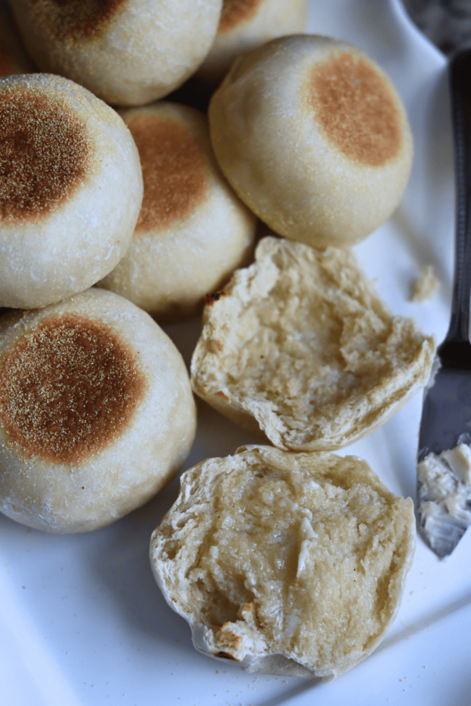 Sourdough English Muffins on a platter