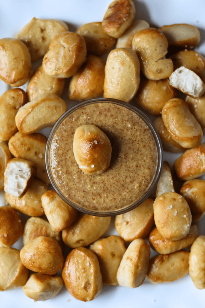 Sourdough Pretzel Bites on a platter served with mustard