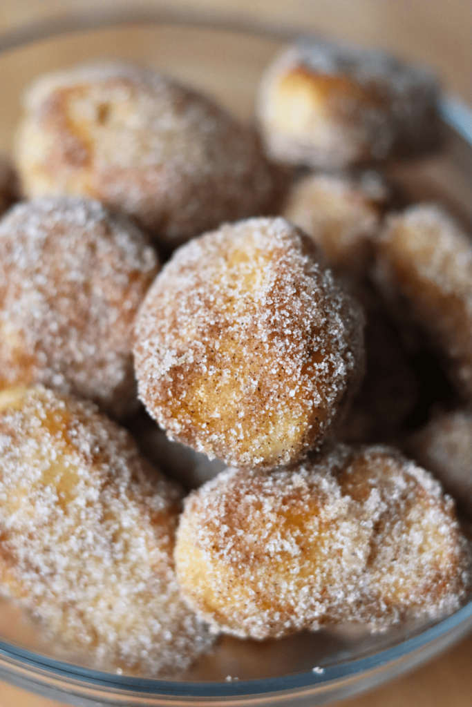 Sourdough Pretzel Bites covered in cinnamon and sugar