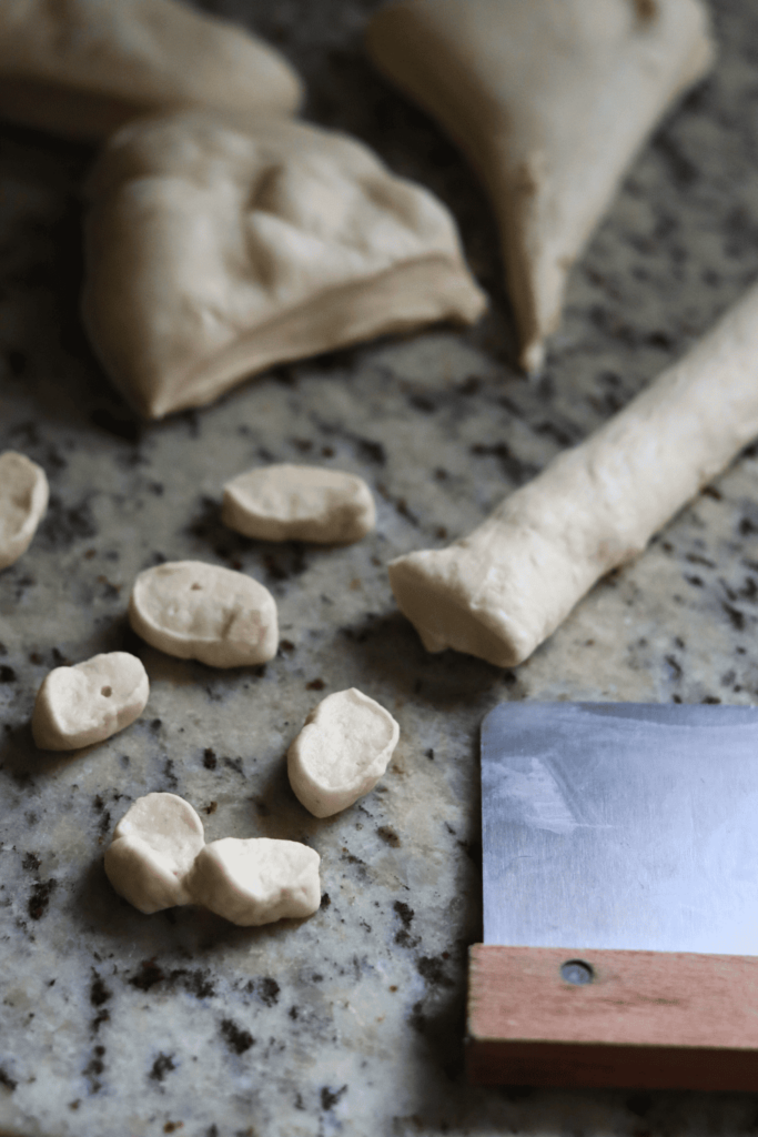 shaping and slicing Sourdough Pretzel Bites dough