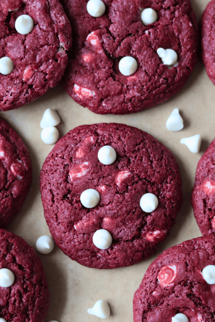 Sourdough Red Velvet Cookies on parchment paper