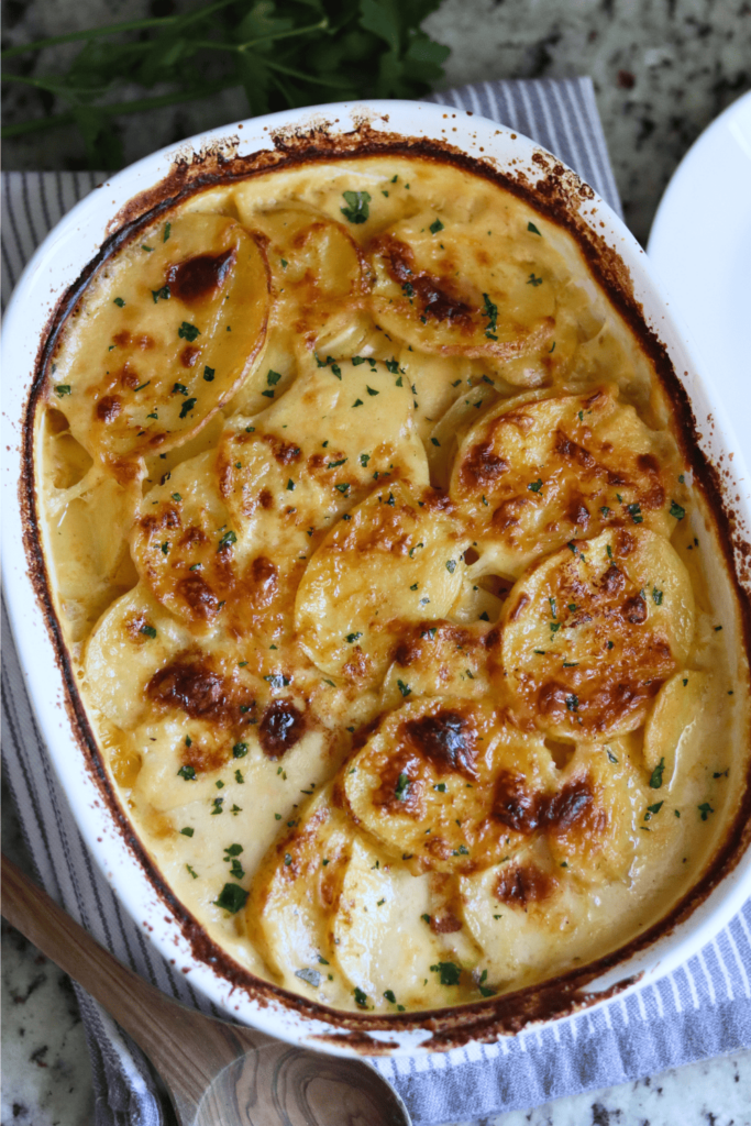Sourdough Au Gratin Potatoes in a baking dish.