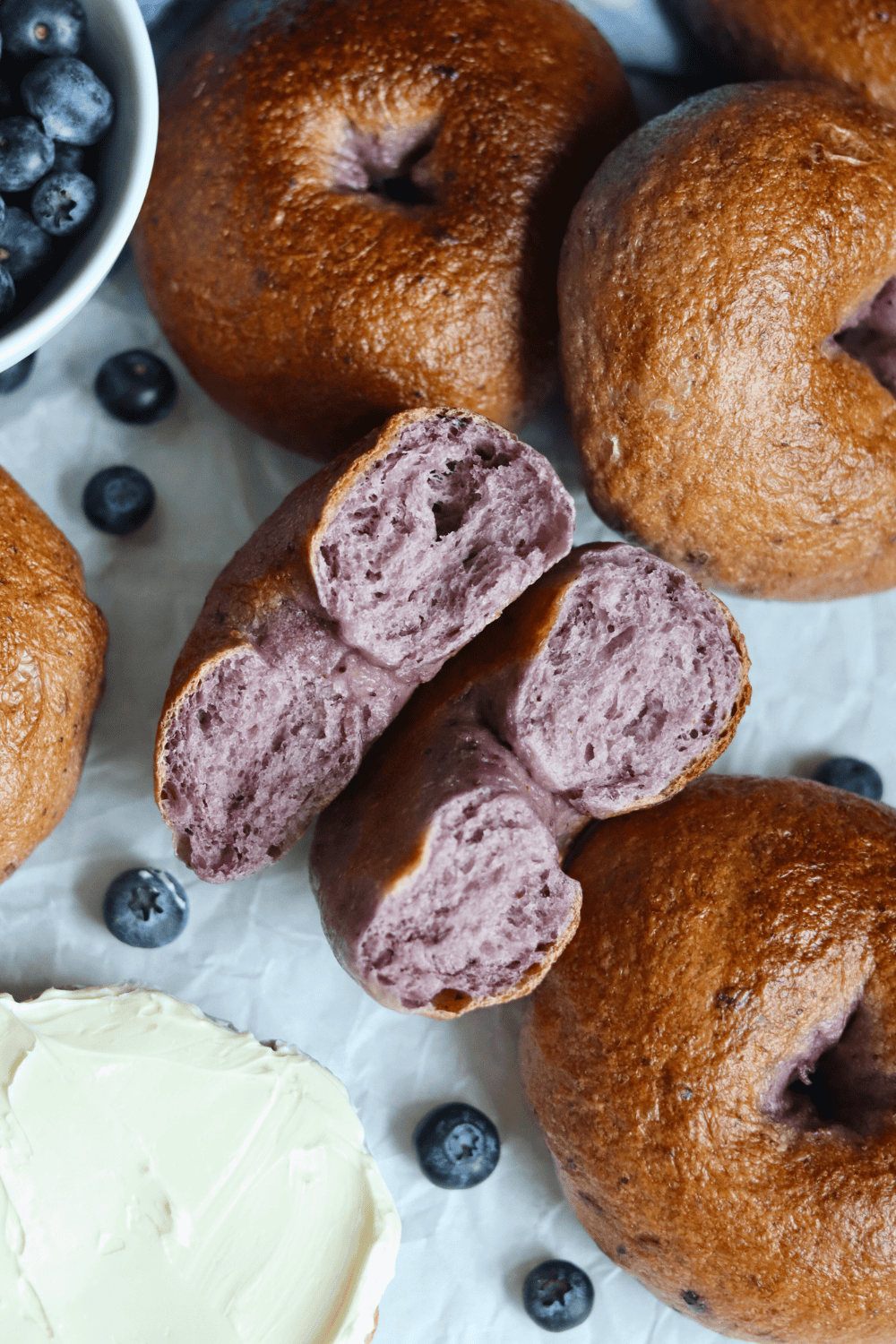 Sourdough Blueberry Bagels on a piece of parchment paper with cream cheese and fresh blueberries