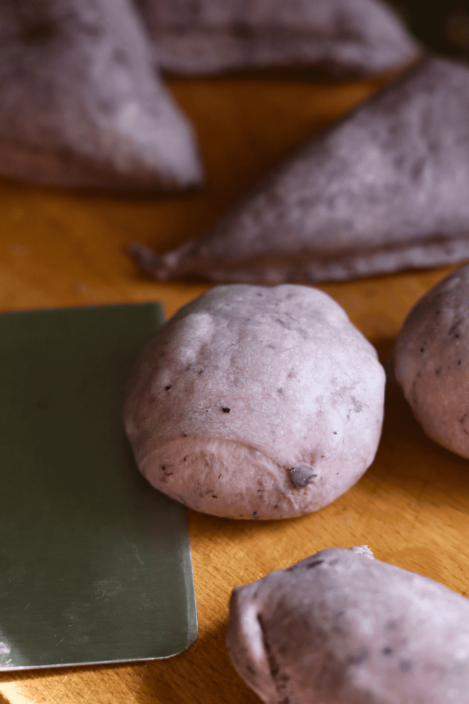 Sourdough Blueberry Bagels dough balls and a bench scraper