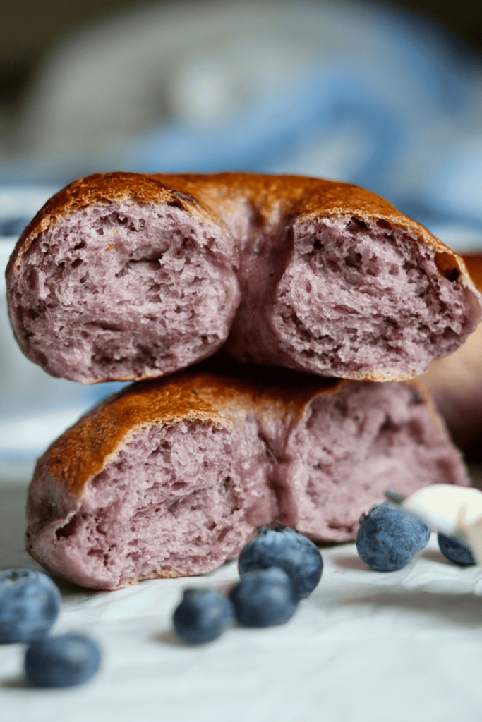 ripped Sourdough Blueberry Bagel in half