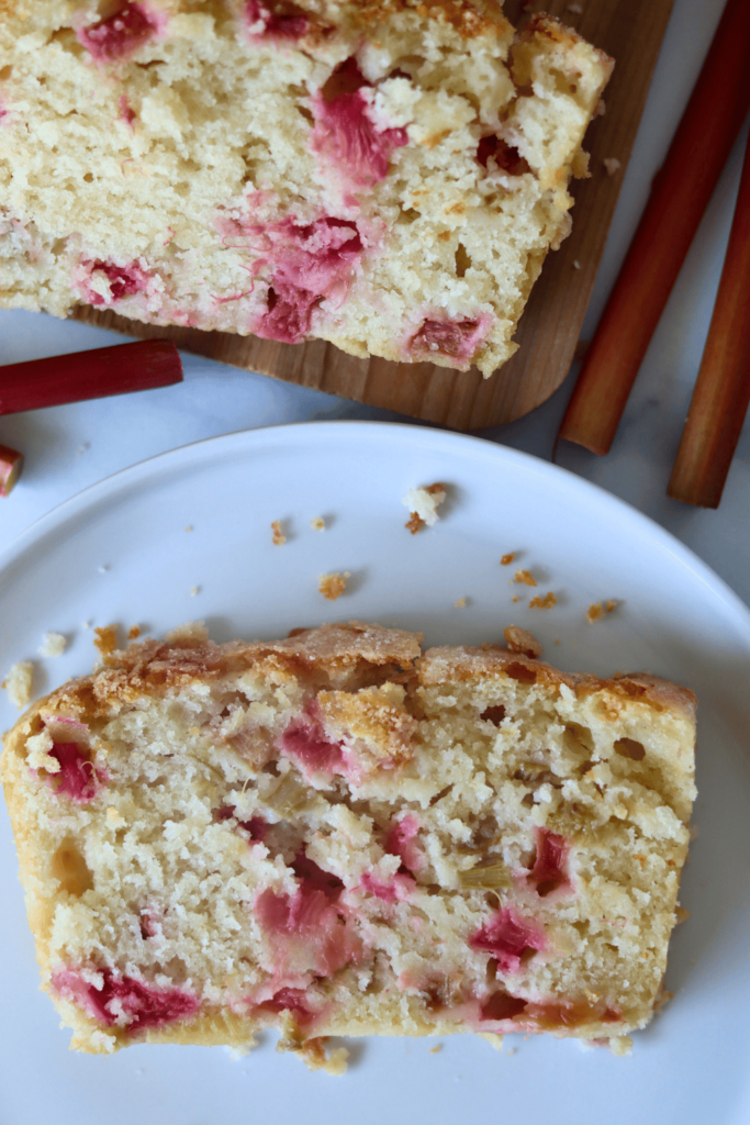 a slice of sourdough rhubarb bread