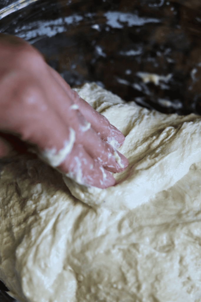 stretching and folding the dough