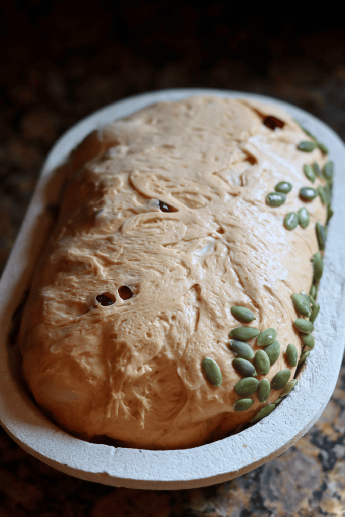 sourdough pumpkin dough in a banneton