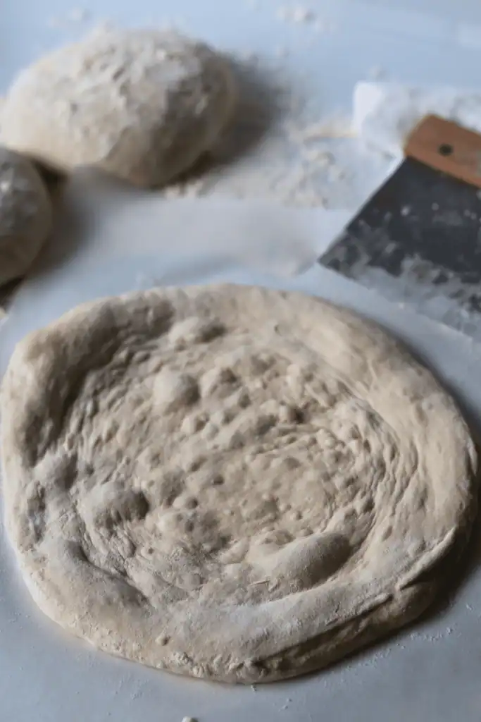 rolled dough and shaped into pizza