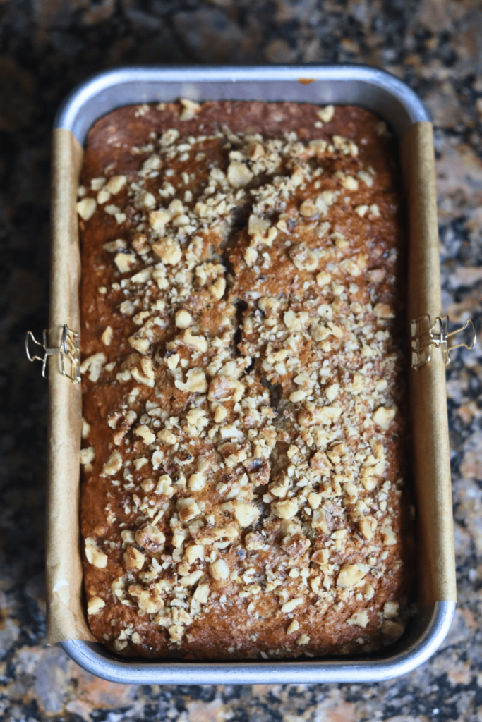 baked sourdough banana bread in loaf pan
