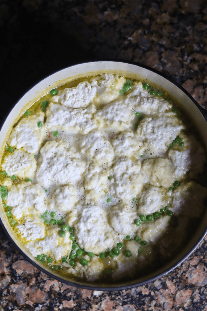 A pot of chicken and dumplings.