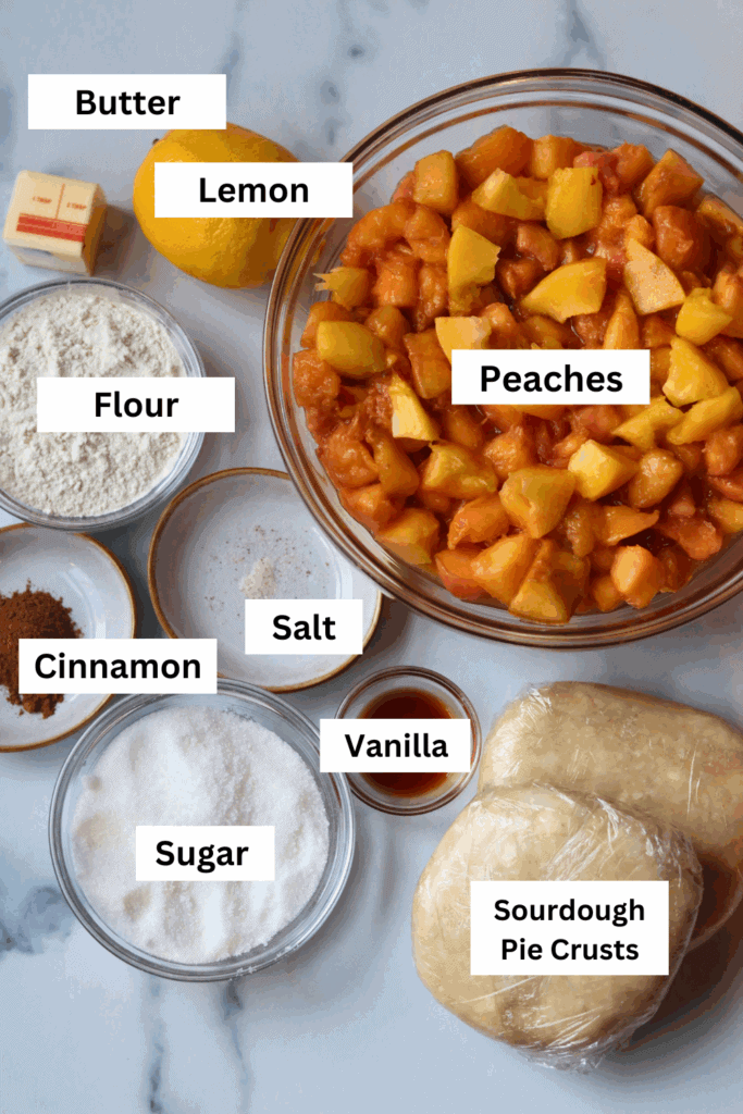ingredients for making sourdough peach pie