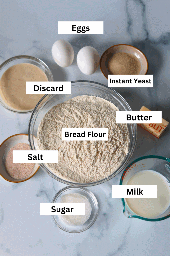 ingredients for making sourdough discard hot dog buns