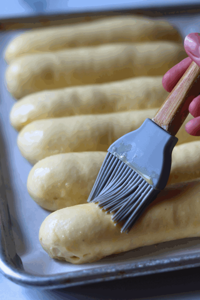 brushed hot dog buns with egg wash
