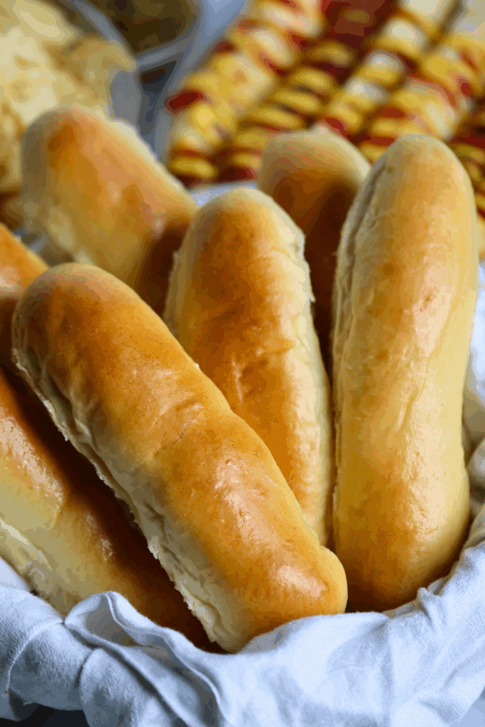 sourdough discard hot dog buns in a basket
