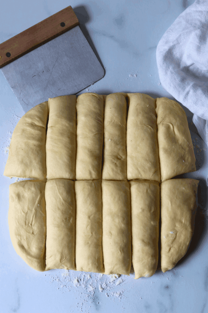 rolled dough divided into 12 pieces