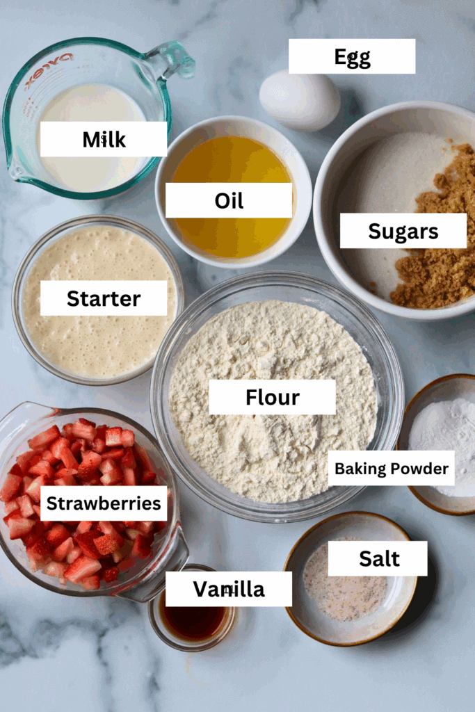 ingredients for making sourdough strawberry quick bread