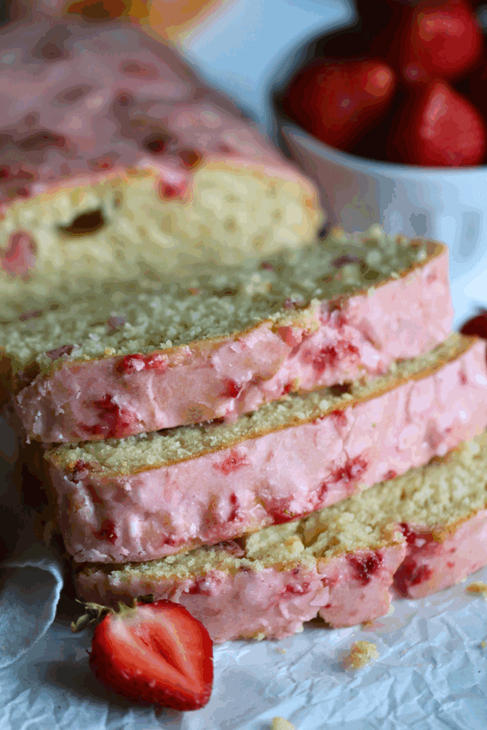 sliced sourdough strawberry bread arranged nicely