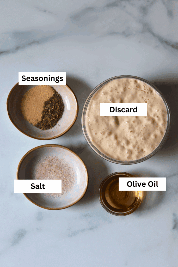 ingredients for making sourdough discard pizza crust