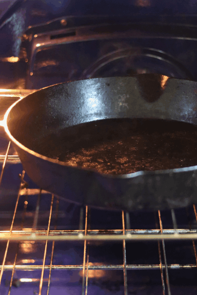 heating cast iron skillet in the oven
