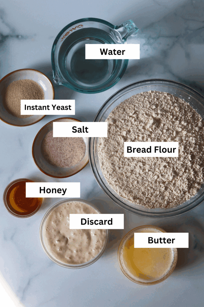 ingredients for making sourdough discard sandwich bread