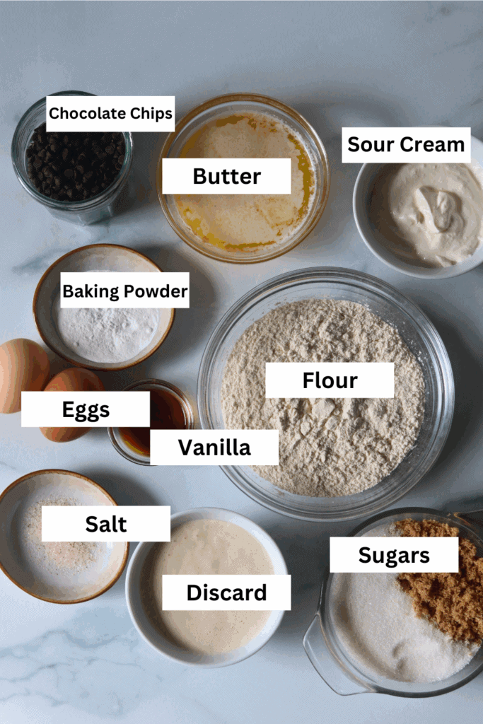 ingredients for making sourdough chocolate chip mini muffins