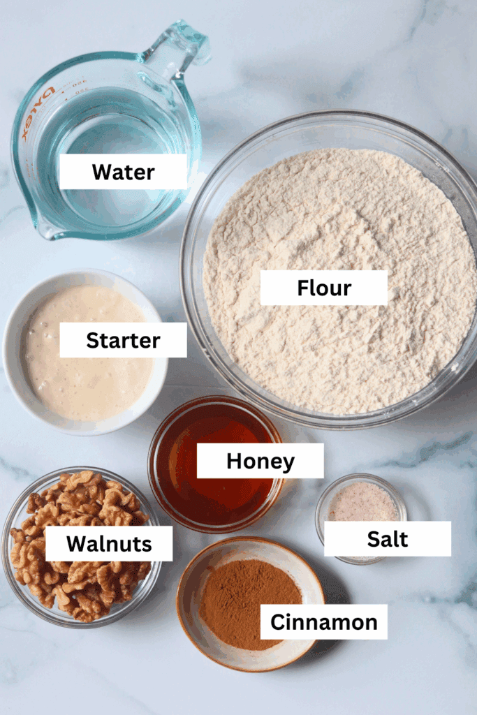 ingredients for making honey walnut sourdough bread