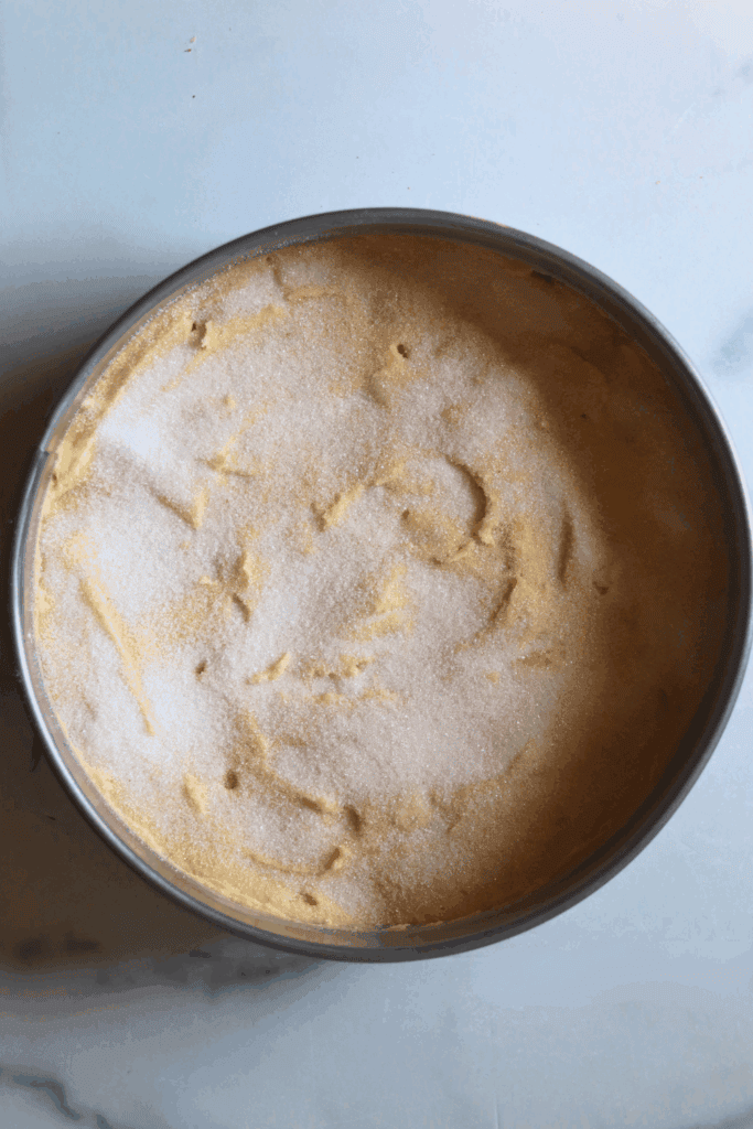 batter on a cake pan sprinkled with sugar