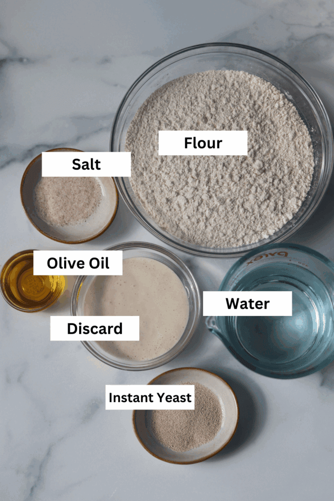 ingredients for making sourdough discard focaccia