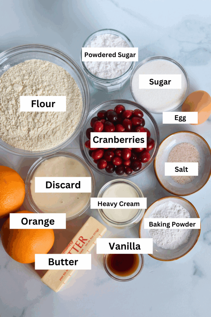 ingredients for making sourdough cranberry orange scones 