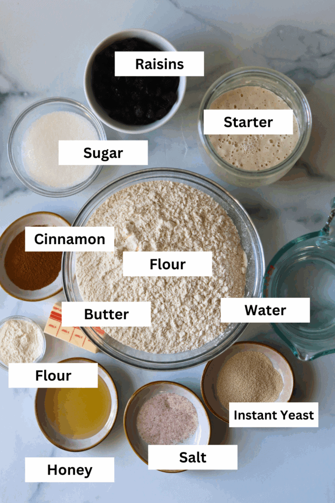 ingredients for making sourdough discard cinnamon raisin sandwich bread 